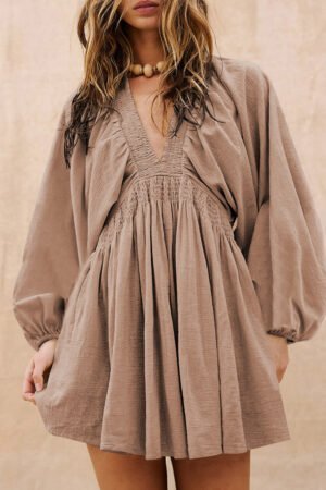 Smoke Gray Deep V Neck Bubble Sleeve Smocked Mini Dress