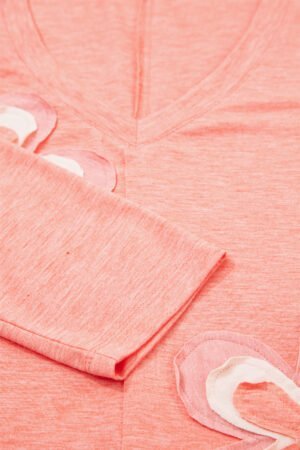 Fresh Salmon Floral Patchwork V Neck Long Sleeve T Shirt - Image 8