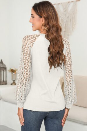 White Lace Patchwork Long Raglan Sleeve Pleated Top - Image 3