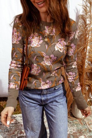 Brown Floral Print Waffle Textured Long Sleeve Top - Image 5