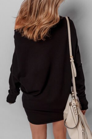 Alternative view of Black Asymmetric Neck Batwing Sleeve Shift Mini Sweater Dress