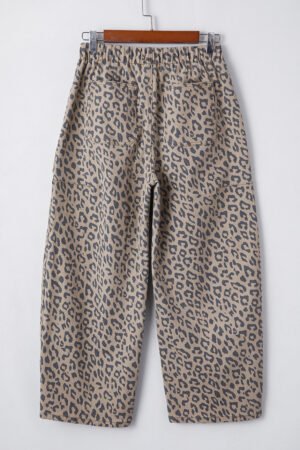 Khaki Leopard Printed Drawstring Elastic Waistband Pocketed Wide Leg Jeans - Image 9