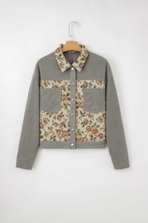 Medium Grey Ribbed Retro Floral Patchwork Shirt Style Jacket - Image 7
