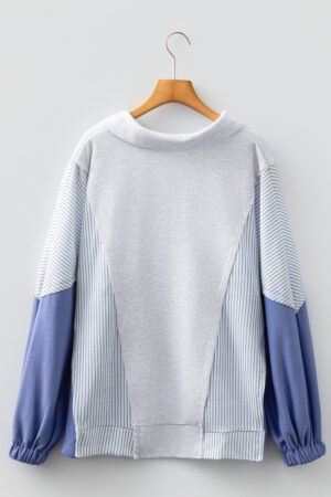 Light Grey Oversized Striped Colorblock Dolman Sleeve Collared Casual Top - Image 5