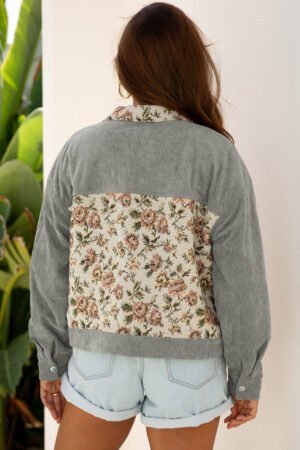 Medium Grey Ribbed Retro Floral Patchwork Shirt Style Jacket - Image 2