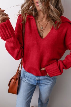 Racing Red Collared V Neck Ribbed Edge Sexy Elegant Sweater - Image 3