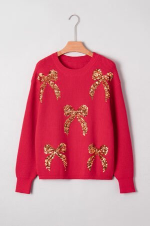 Fiery Red Sequin Bow Accent Drop Shoulder Festive Sweater - Image 5