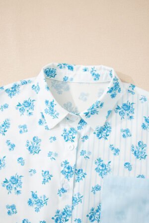 Sky Blue Floral Striped Print Contrast Patched Pocket Shirt and Shorts Set - Image 4
