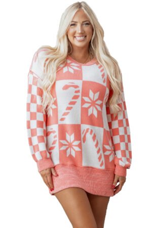 Pink Candycane Snowflake Checker Christmas Holiday Drop Shoulder Tunic Loose Sweater - Image 24