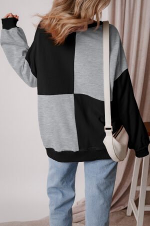 Color black Colorblock Henley High Low Oversize Sweatshirt - Image 2
