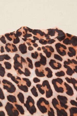 Brown Leopard Mock Neck Long Sleeve Mesh Top - Image 6