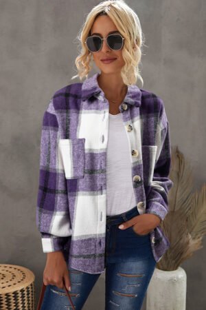 Alternative view of Purple Plaid Color Block Buttoned Long Sleeve Jacket with Pocket