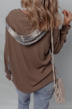 Brown Plaid Patchwork Button Down Drawstring Hooded Shacket - Image 2