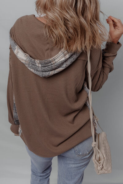 Brown Plaid Patchwork Button Down Drawstring Hooded Shacket
