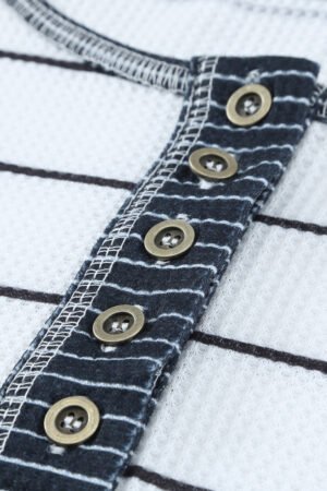 Striped Color Block Buttoned Waffle Knit Shirt - Image 7