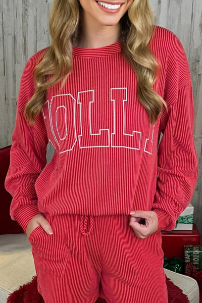 Racing Red Twisted Rib Outlined Merry Letter Graphic Loose Long Sleeve Top