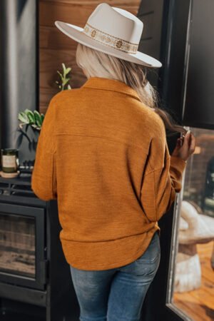 Russet Orange Flap Pocket Textured Knit Solid Color Casual Shacket - Image 2