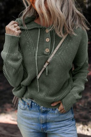 Mist Green Mineral Wash Ribbed Knit Button Drawstring Neck Hooded Sweater - Image 5