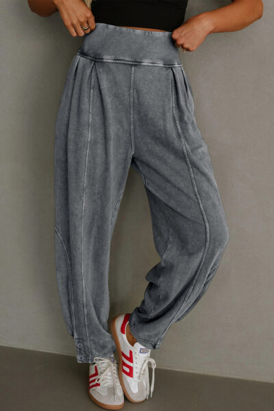 Medium Grey Mineral Wash Jogger Style High Waist Casual Pants
