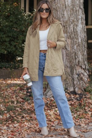 Khaki Quilted Snap Button Hooded Puffer Coat - Image 6