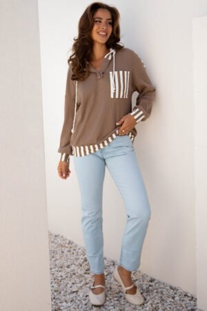 Straw Yellow Waffle Texture Striped Patchwork Button Neck Drawstring Hoodie - Image 5