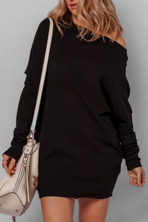 Black Asymmetric Neck Batwing Sleeve Shift Mini Sweater Dress - Image 8