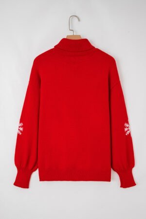 Fiery Red Merry Snowflake Pattern Christmas Turtleneck Sweater - Image 5