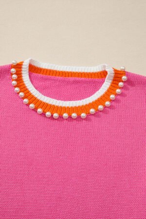Sachet Pink Contrast Crew Neck Pearled Decor Drop Shoulder Knit Sweater - Image 8