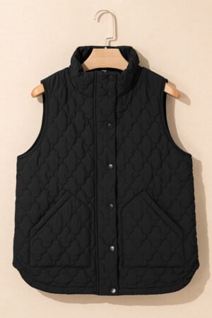 Black Flower Shape Quilted Snap Button Zip Up Winter Vest - Image 5