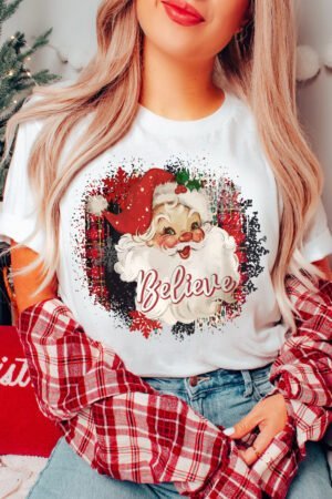 White Believe Christmas Father Graphic Crewneck T Shirt - Image 2