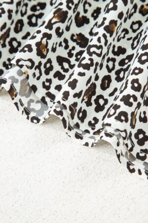 Khaki Plus Size Button V Neck Leopard Print Puff Sleeve Loose Mini Dress - Image 17