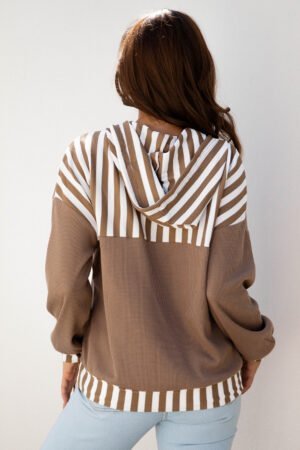 Alternative view of Straw Yellow Waffle Texture Striped Patchwork Button Neck Drawstring Hoodie