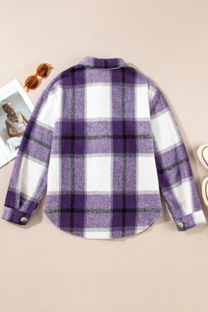 Purple Plaid Color Block Buttoned Long Sleeve Jacket with Pocket - Image 4