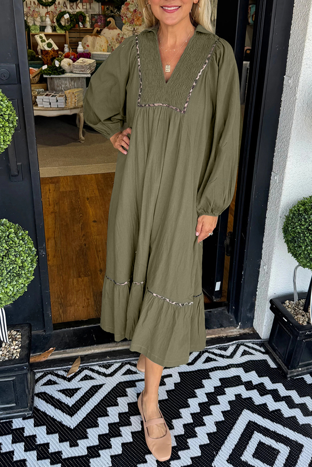 Four Leaf Clover Collared V Neck Smocked Detail Contrast Leopard Trim Bracelet Sleeve Long Dress Four Leaf Clover Collared V Neck Smocked Detail Contrast Leopard Trim Bracelet Sleeve Long Dress