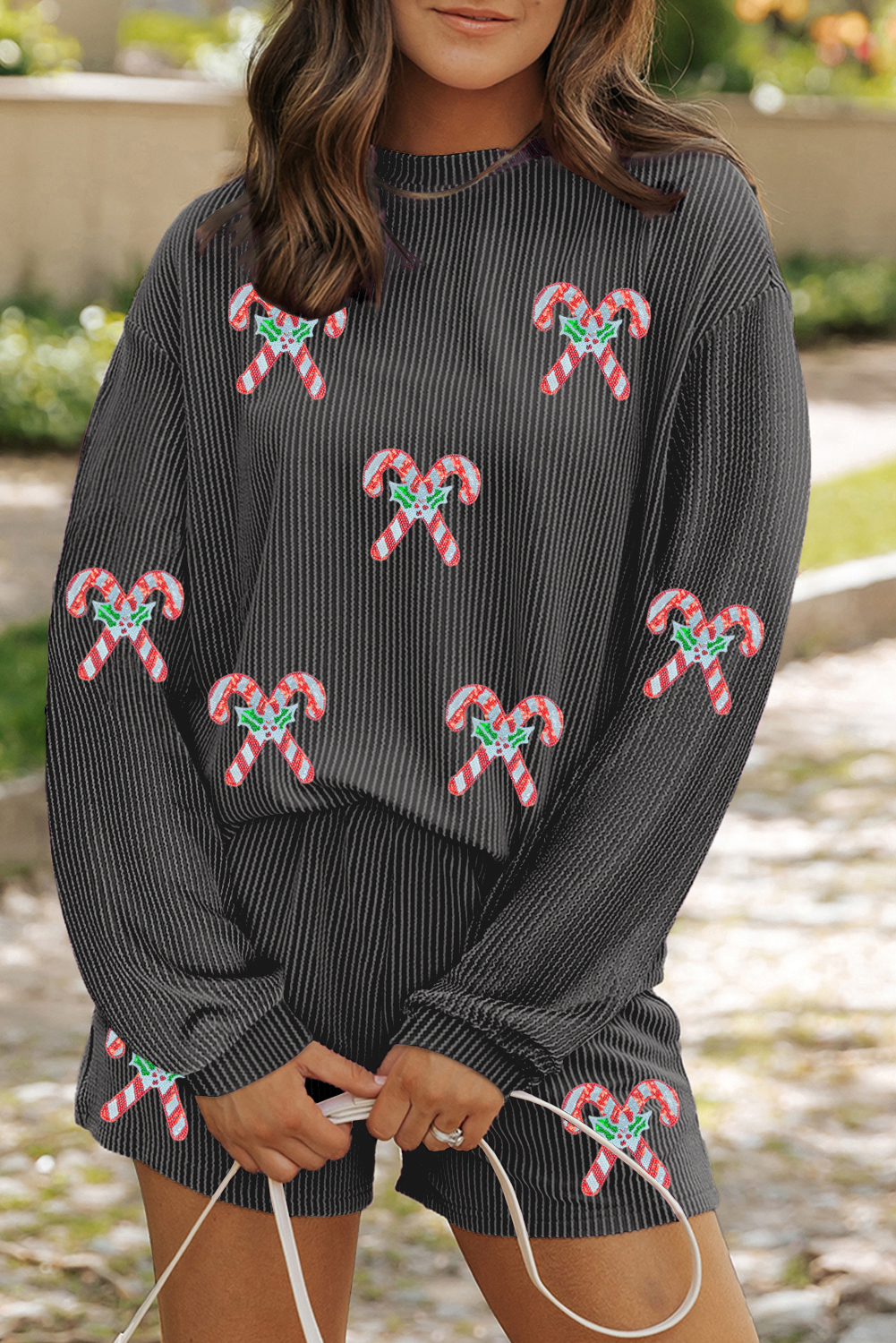 Carbon Grey Twisted Ribbed Sequin Holly Candy Cane Long Sleeve Top and Shorts 2pcs Outfit Carbon Grey Twisted Ribbed Sequin Holly Candy Cane Long Sleeve Top and Shorts 2pcs Outfit