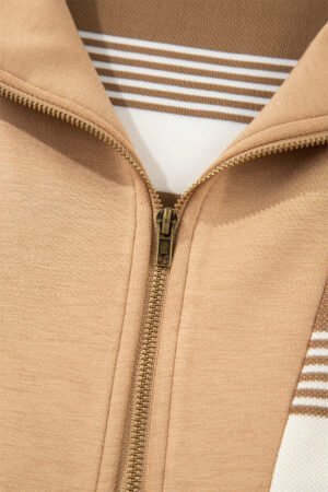 Khaki Stripe Zip Collar Patchwork Vintage Fashion Sweatshirt - Image 6