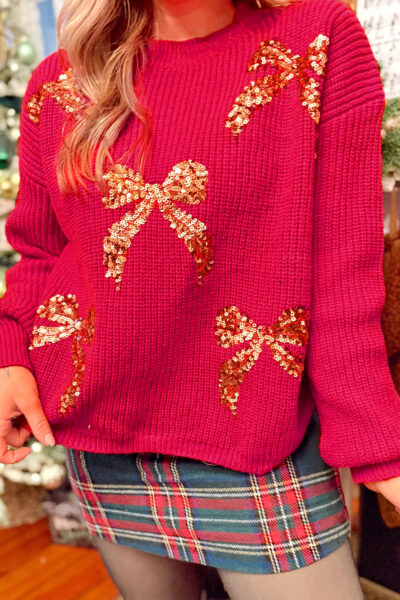 Fiery Red Sequin Bow Accent Drop Shoulder Festive Sweater