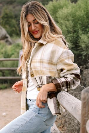 Multicolour Plaid Patchwork Side Pockets Buttoned Shacket - Image 19