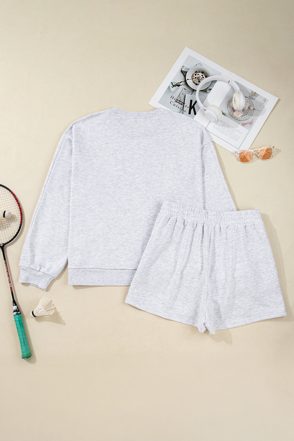 Light Grey Girly Bow Embroidered Puff Sleeve Pullover Loose Shorts Plus 2pcs Outfit Light Grey Girly Bow Embroidered Puff Sleeve Pullover Loose Shorts Plus 2pcs Outfit