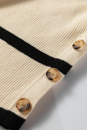 Beige Ribbed Knit Contrasted Stripe Detail Button Side Loose Sweater - Image 6