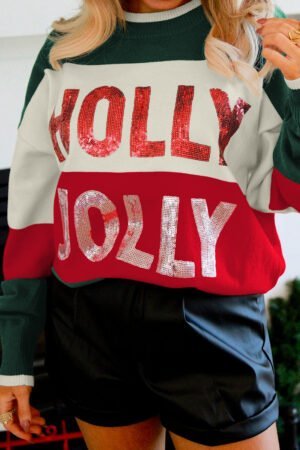 Green Sequined HOLLY JOLLY Color Block Crew Neck Sweater - Image 3