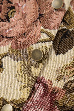 Khaki Floral Waffle Knit Patchwork Chest Pockets Buttoned Jacket - Image 8