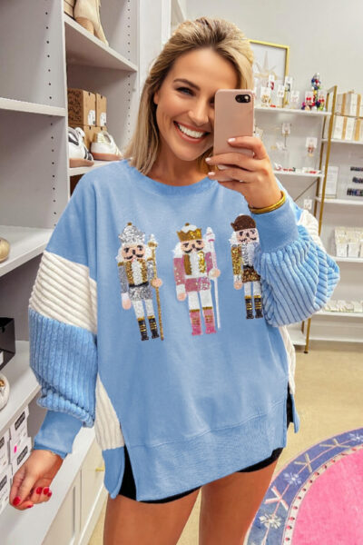 Beau Blue Sequin Nutcracker Textured Sleeve Patchwork Color Block Sweatshirt