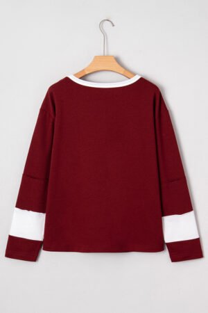 Red Dahlia Cheerful Daisy Flower Patched Round Neck Long Sleeve Top - Image 6
