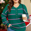 Green Stripe Half Buttons Drop Shoulder Plus Size Sweater