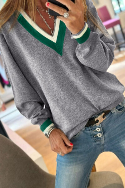 Gray Contrast Striped Trim V Neck Varsity Sweater