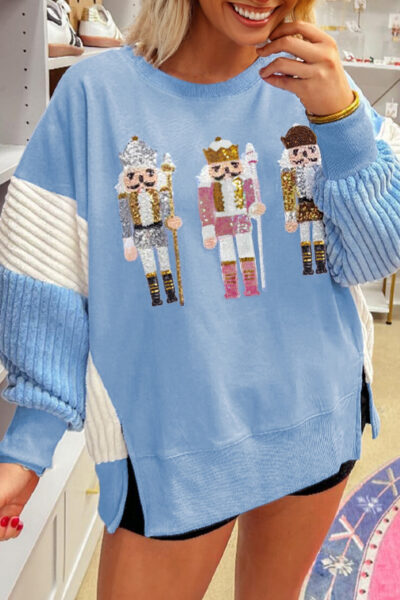 Beau Blue Sequin Nutcracker Textured Sleeve Patchwork Color Block Sweatshirt