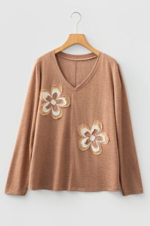 Straw Yellow Floral Patchwork V Neck Long Sleeve T Shirt - Image 7
