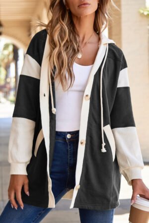 Black Waffle Contrast Knit Color Block Patchwork Button Front Oversize Hoodie - Image 5