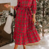 Red Christmas Plaid V Neck 3/4 Sleeve Tie Waist Ruffle Hem Long Dress